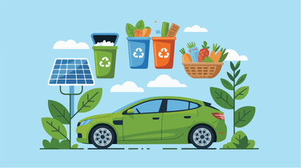 vektor eco-friendly vector set – green energy, solar panels, recycling, electric car, plant-based food, minimal color palette