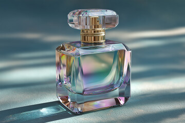 Elegant glass perfume bottle with a faceted design, reflecting light in a soft ambiance, showcasing luxury and sophistication