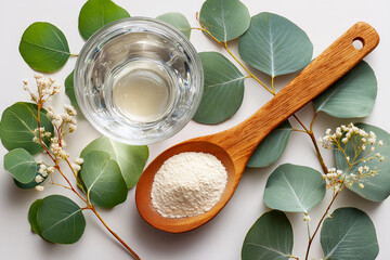 Clear glass bowl filled with liquid is surrounded by fresh eucalyptus leaves and a wooden spoon holding white powder, creating a natural and calming atmosphere for wellness concepts
