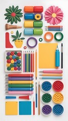 Colorful craft supplies arranged neatly art supplies