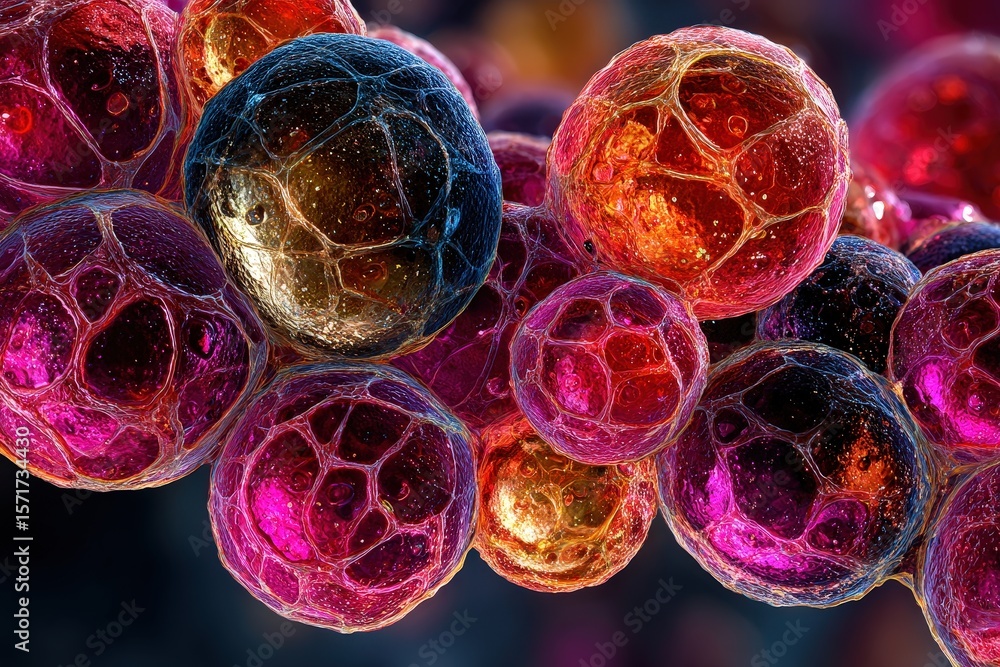 Poster microscopic view showing several colorful cells connected by a network, emphasizing cellular biology