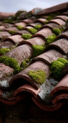Rustic clay roofing tiles with natural wear and moss growth.