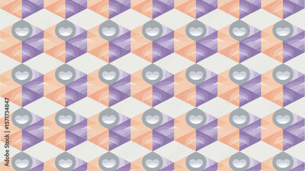 Poster repeating pattern of hexagons with peach and purple triangles and heart shapes