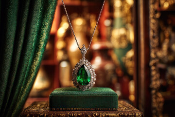 Elegant green gemstone pendant necklace displayed on a plush green cushion, surrounded by ornate decor