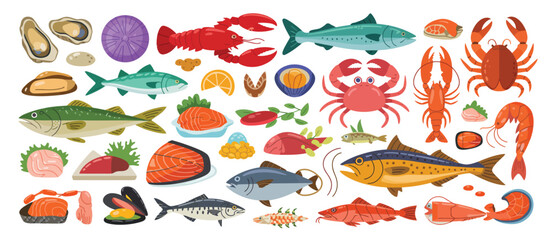Collection of Colorful Flat Seafood Illustrations