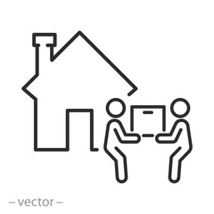 moving house icon, workers carry boxe, delivery service, loaders, home delivery, thin line symbol on white background - editable stroke vector illustration