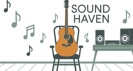 A guitar on a chair with speakers and music notes in a sound haven illustration