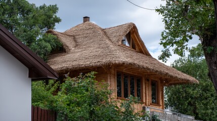 Rustic cottage with irregular wood shake roof surrounded by greenery.