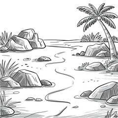 Black and White Cartoon Tropical Beach Scene