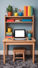 Wooden desk with tablet and colorful school supplies