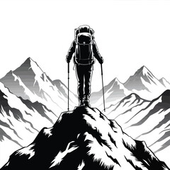 Hiker Reaching the Summit of Snowy Mountains