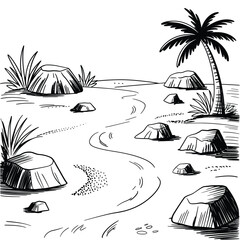Hand Drawn Tropical River Scene with Palm Tree