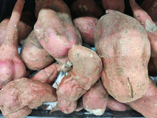 A pile of dirty, wrinkled, and gnarly looking potatoes