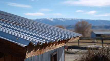 Rustic countryside with corrugated metal roof and mountain view.