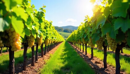 Naklejka premium Sunlight dapples rows of lush, green grape vines heavy with ripening fruit, promising a bountiful harvest at a picturesque winery vineyard , fruit, agricultural