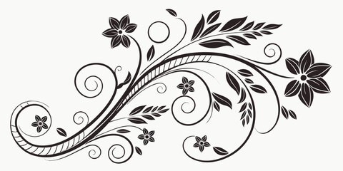 Elegant black floral vine with swirling tendrils and small flowers isolated on white background silhouette