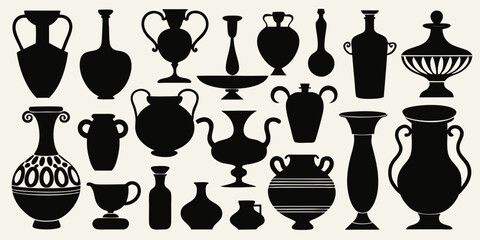 Collection of ancient greek pottery silhouettes featuring amphorae krater and vases isolated on white background