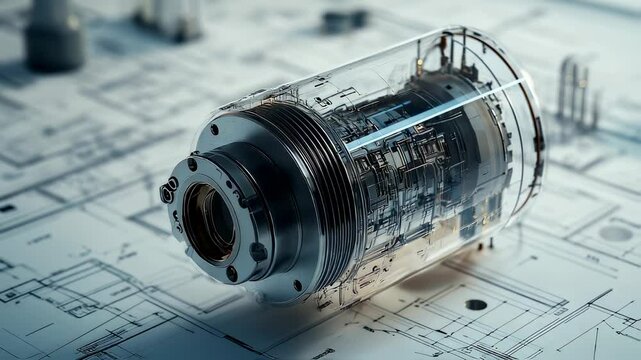 Detailed 3D Illustration of Electric Motor with Technical Schematics Background