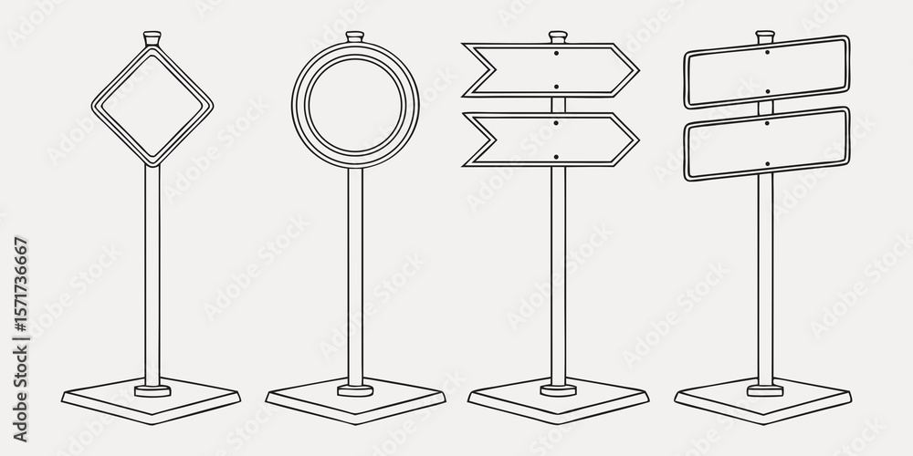 Aufkleber collection of four different empty signpost designs in a line silhouette isolated on white backgroun