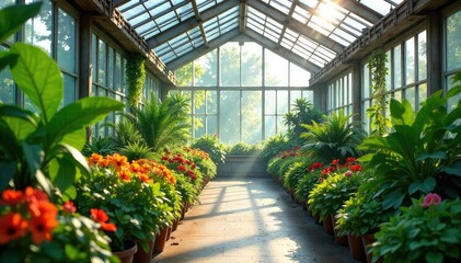 Sunlight streams through the glass panes of a spacious greenhouse, illuminating lush green plants and vibrant flowers within A tranquil scene of horticultural serenity and growth , nature, glass roof