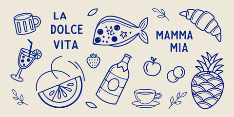 La dolce vita mamma mia italian phrases with food and drink icons silhouette isolated on white background