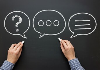 Hands holding chalk drawing speech bubbles with question marks ellipses and lines on a blackboard