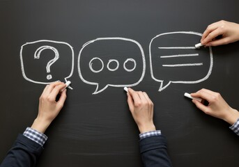 Hands drawing speech bubbles with a question mark ellipses and lines on a blackboard