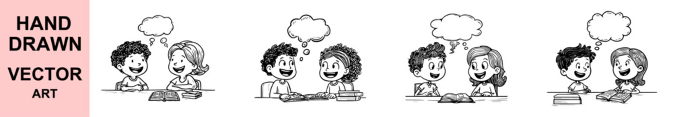 Kids Studying Together Talking Thought Bubbles Education Hand Drawn Vector Illustration Set