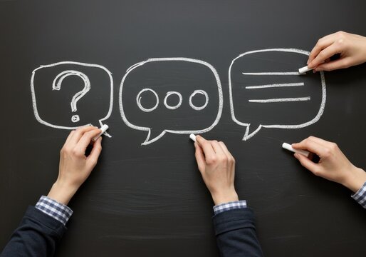 Hands drawing speech bubbles with a question mark ellipses and lines on a blackboard