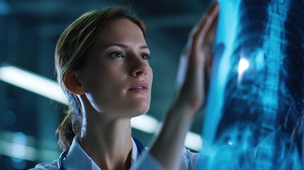 Woman doctor inspecting x-ray image in hospital exam room during the day, checking for medical abnormalities, serious diseases, or bone fractures