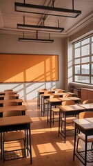 Bright classroom with wooden desks and orange board