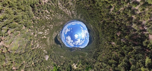 Nallihan Saricali National Park Stunning Nature Sphere of a Mountain Lake.A captivating spherical panoramic view from above, showcasing a serene mountain lake nestled within  lush, green forest Ankara