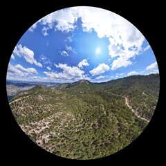 Saricali Mountain National Park Nallihan Ankara Panoramic view of a scenic mountain landscape on a sunny day.A fisheye lens shot captures a breathtaking 360-degree view of a sun-drenched mountain rang