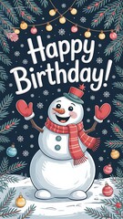 Cheerful snowman happy birthday greeting winter festive