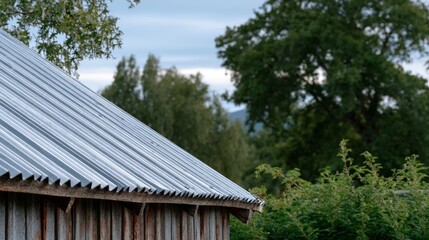 Rustic metal roof with visible waves in natural setting.