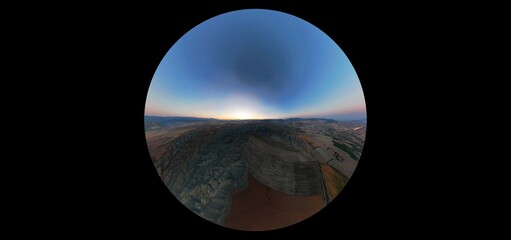 Nallıhan Bird Paradise Maiden Hills Rainbow Hills Ankara Full 360° Panoramic View of a Landscape at Sunrise Sunset.A captivating, full 360-degree panoramic view of a landscape, likely Turkey 