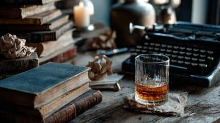Books, typewriter, and drink on a wooden table