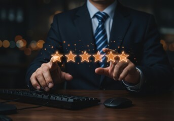 Businessman giving a five star rating by touching glowing stars on a digital interface