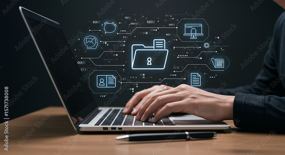 Aufkleber person typing on laptop with digital data security icons hovering above the keyboard on a desk