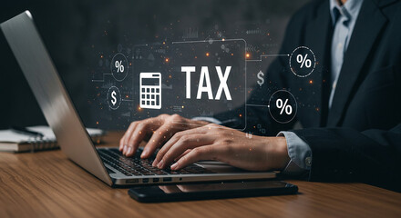 Person typing on laptop with tax calculator and percentage icons overlayed on a dark background