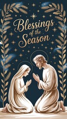Blessed couple praying under starry sky christmas greeting card