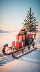 Festive gifts piled on wooden sled christmas presents