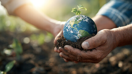 business hands holding the green world for the Sustainable Development Goals.Corporate social responsibility CSR.World Environment Day. Responsibility for the environment. Save and protect the world.