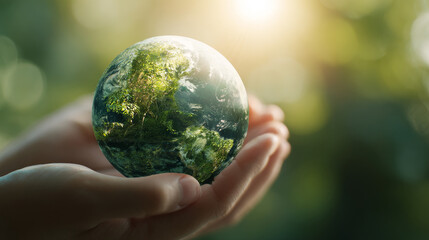 business hands holding the green world for the Sustainable Development Goals.Corporate social responsibility CSR.World Environment Day. Responsibility for the environment. Save and protect the world.