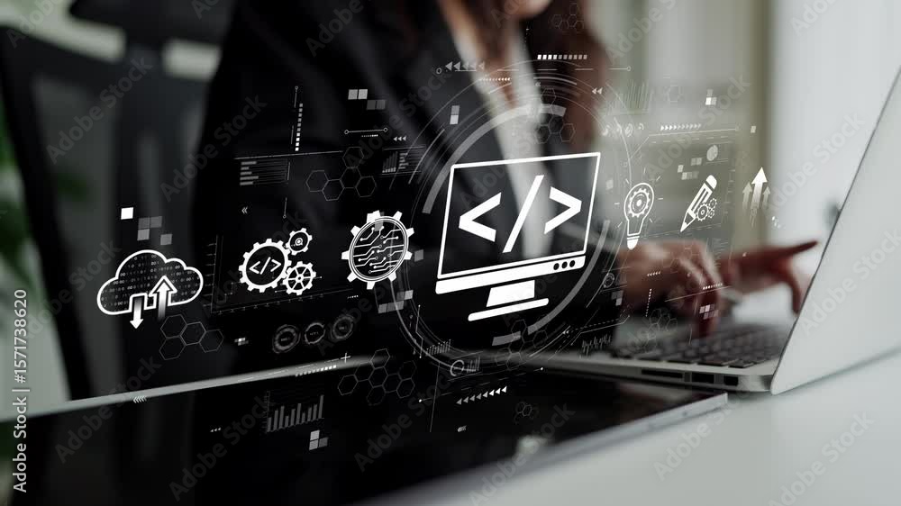 Fototapete modern web development concept featuring coding symbols, web development process, web development in