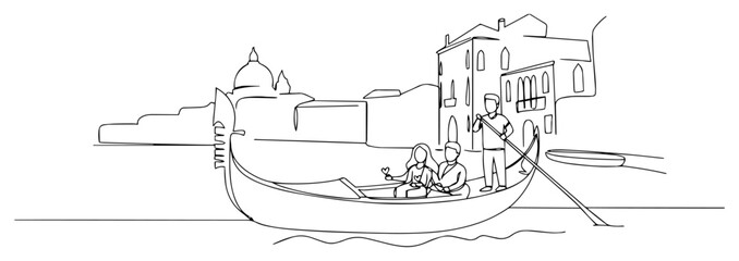 gondola with couple in venice vector illustration romantic italy scene one line drawing © Katarzyna