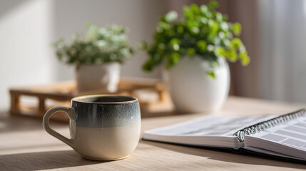 Detail close-up of a minimalist workspace, ceramic vase and notepad on a wooden desk, soft morning light creating a calm, creative office vibe.