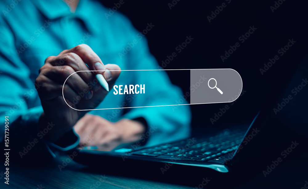 Poster laptop and data search technology search engine optimization, business people hands typing on laptop