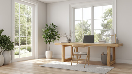 Low-angle shot of a minimalist wooden desk with potted plant and soft neutral decor, bright daylight filling the space — perfect for modern home office inspiration.