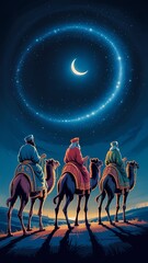 Three Kings Camel Journey Under Crescent Moon three wise men
